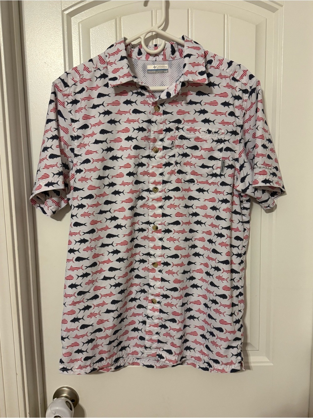Columbia Fishing Shirt with Navy and Red Fish Print